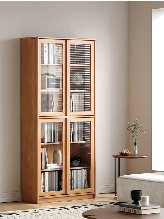 Library Cherry Wood Glass Door Display Cabinet Bookcase