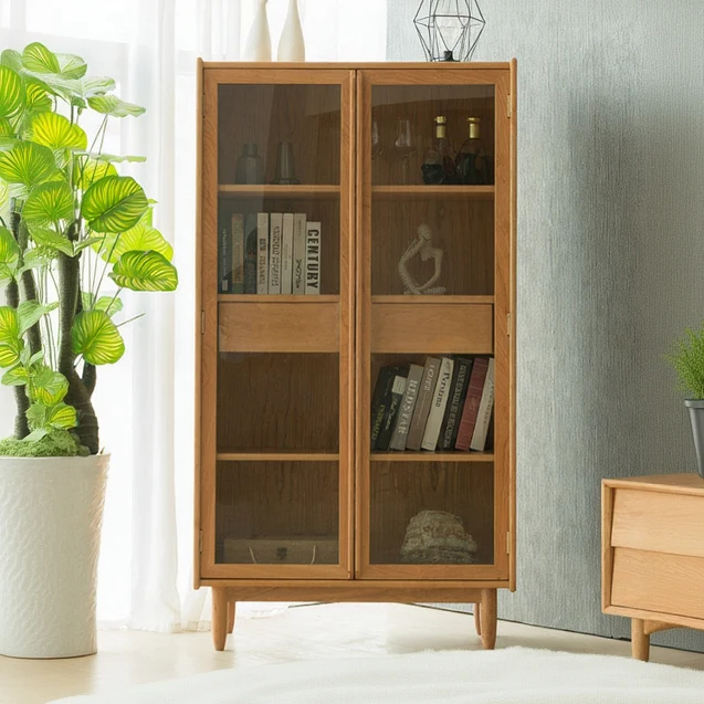Folioz Cherry Wood Glass Display Cabinet & Bookcase