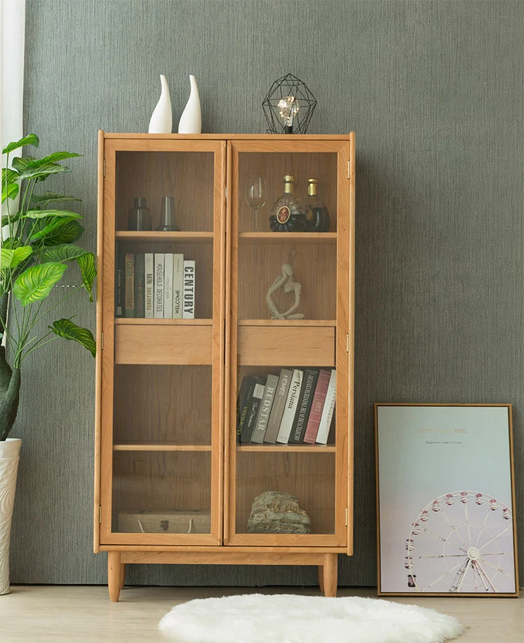 Folioz Cherry Wood Glass Display Cabinet & Bookcase