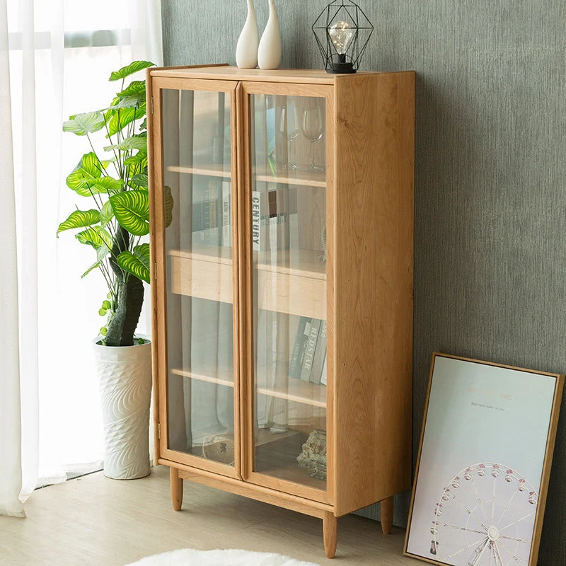 Folioz Cherry Wood Glass Display Cabinet & Bookcase