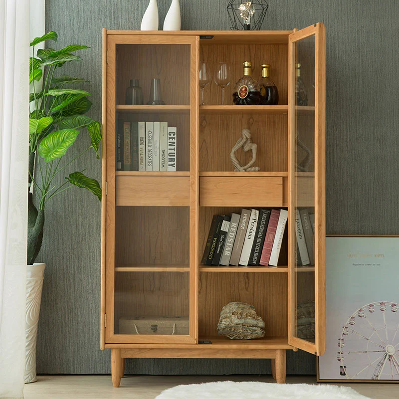 Folioz Cherry Wood Glass Display Cabinet & Bookcase