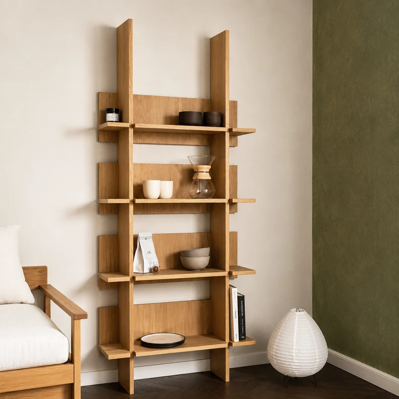 Bookish White Oak Scandinavian Open Shelf Bookcase