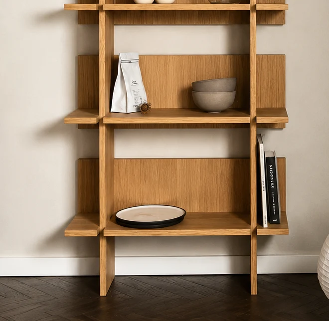 Bookish White Oak Scandinavian Open Shelf Bookcase
