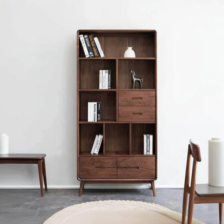 Libris Walnut Bookcase with Drawers & Open Display Shelves