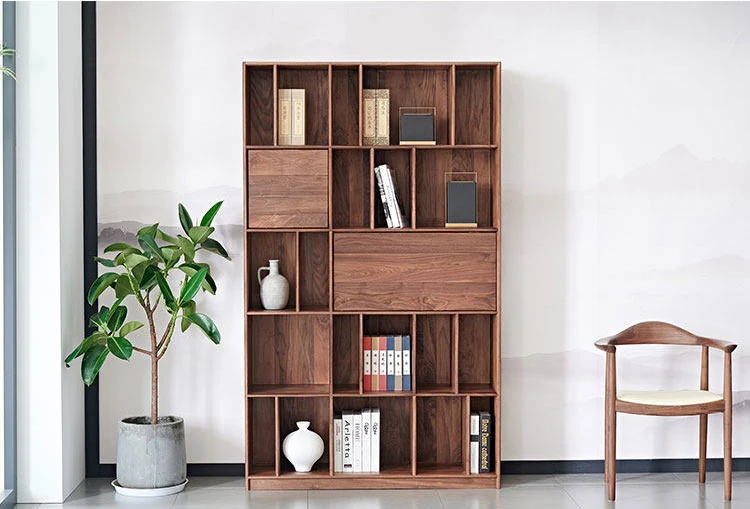 Tome Japanese Modern Walnut Bookcase with Geometric Shelves