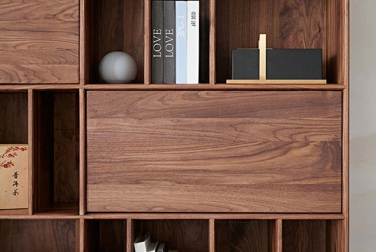 Tome Japanese Modern Walnut Bookcase with Geometric Shelves