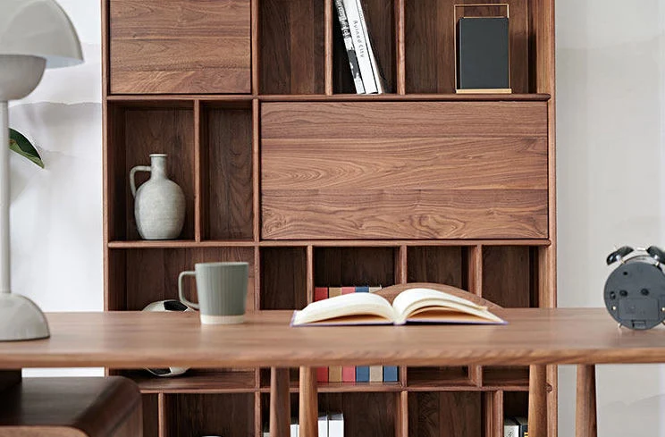 Tome Japanese Modern Walnut Bookcase with Geometric Shelves