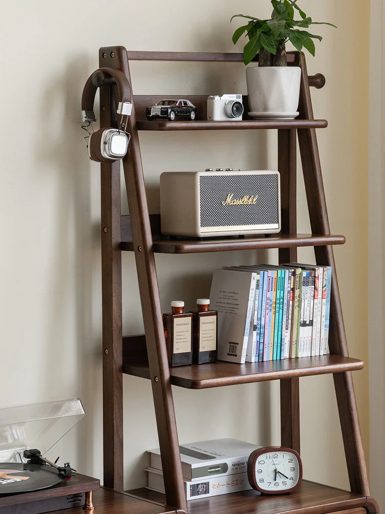 Folio Walnut Ladder Display Shelf with Storage Drawer Cabinet