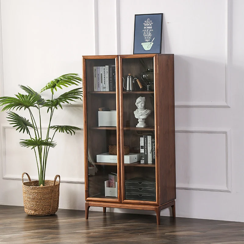 Stack Walnut Wood Glass Door Bookcase Display Cabinet