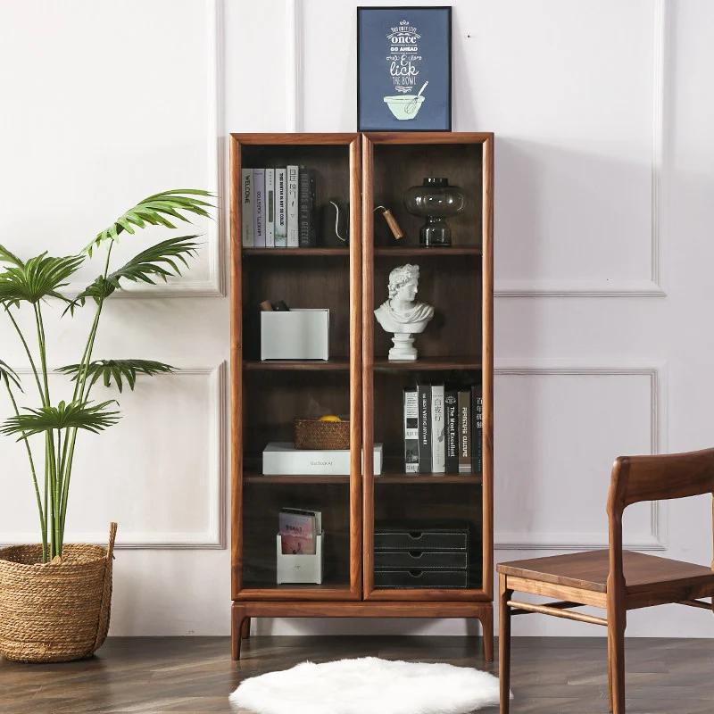 Stack Walnut Wood Glass Door Bookcase Display Cabinet