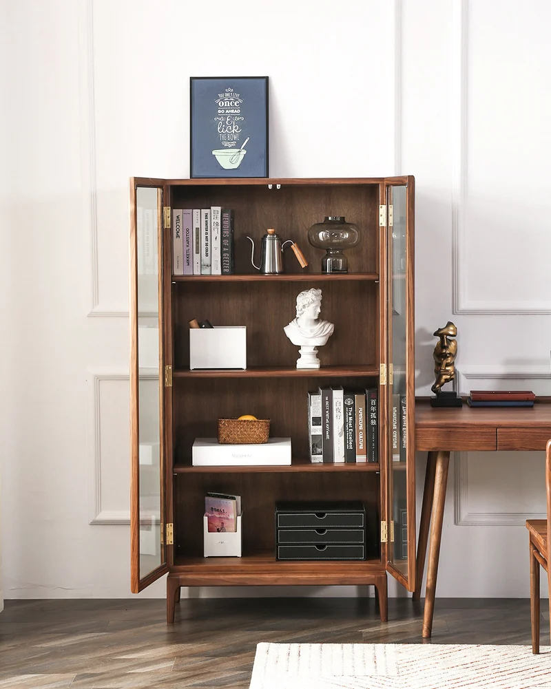 Stack Walnut Wood Glass Door Bookcase Display Cabinet