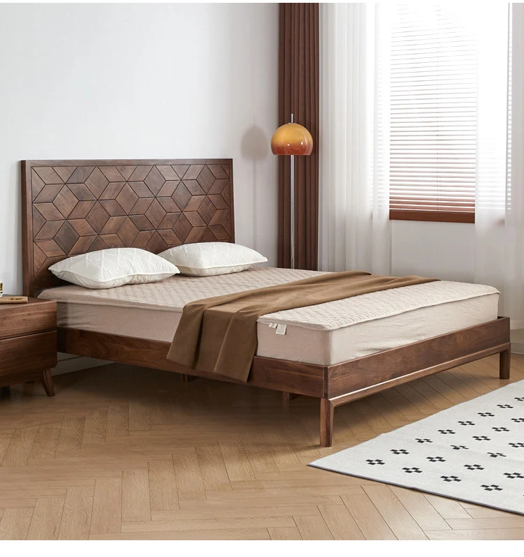 Nestify Walnut Platform Bed with Geometric Wood Headboard