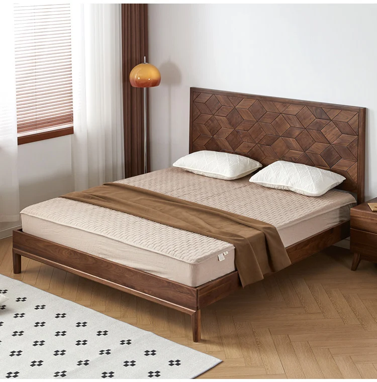 Nestify Walnut Platform Bed with Geometric Wood Headboard