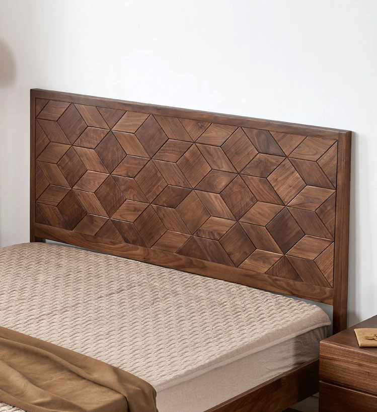 Nestify Walnut Platform Bed with Geometric Wood Headboard