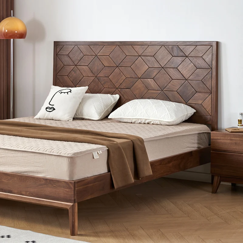 Nestify Walnut Platform Bed with Geometric Wood Headboard