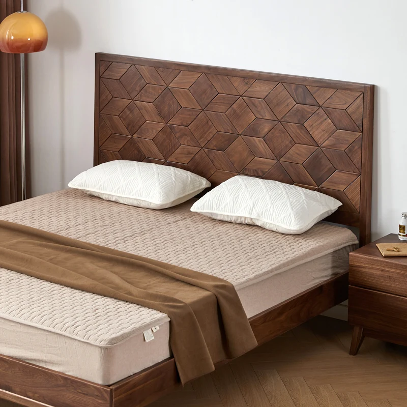 Nestify Walnut Platform Bed with Geometric Wood Headboard