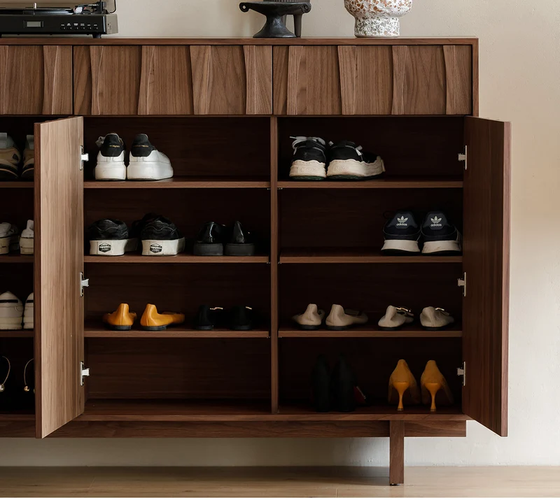 Stride Organic Modern Walnut Shoe Cabinet with Sculpted Doors