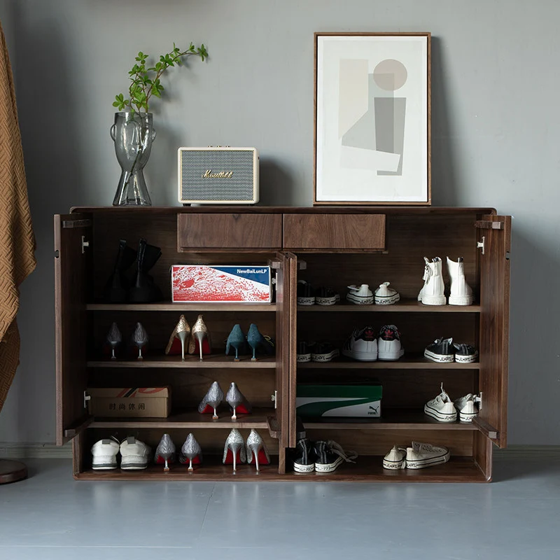 StrideBox Walnut Wood Shoe Cabinet with Concealed Storage