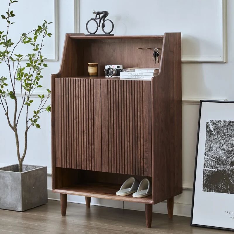 WoodVault Fluted Walnut Shoe Cabinet with Open Display Shelf