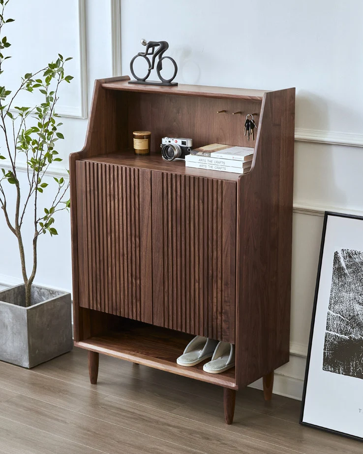 WoodVault Fluted Walnut Shoe Cabinet with Open Display Shelf