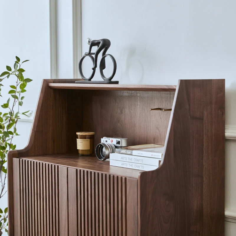WoodVault Fluted Walnut Shoe Cabinet with Open Display Shelf
