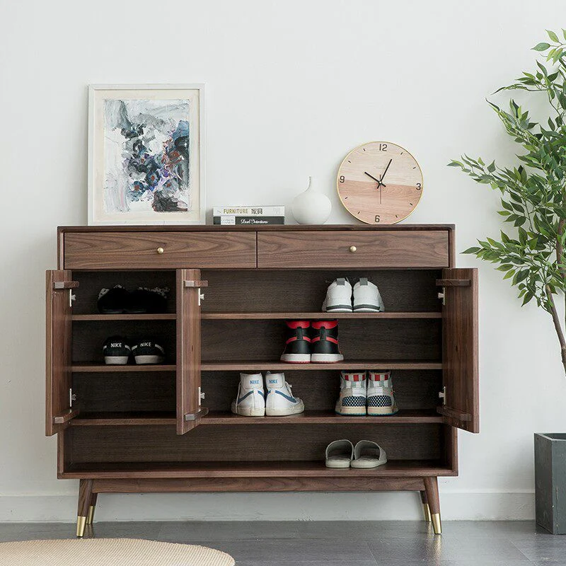FirmView Walnut Shoe Cabinet with Drawers and Shelf