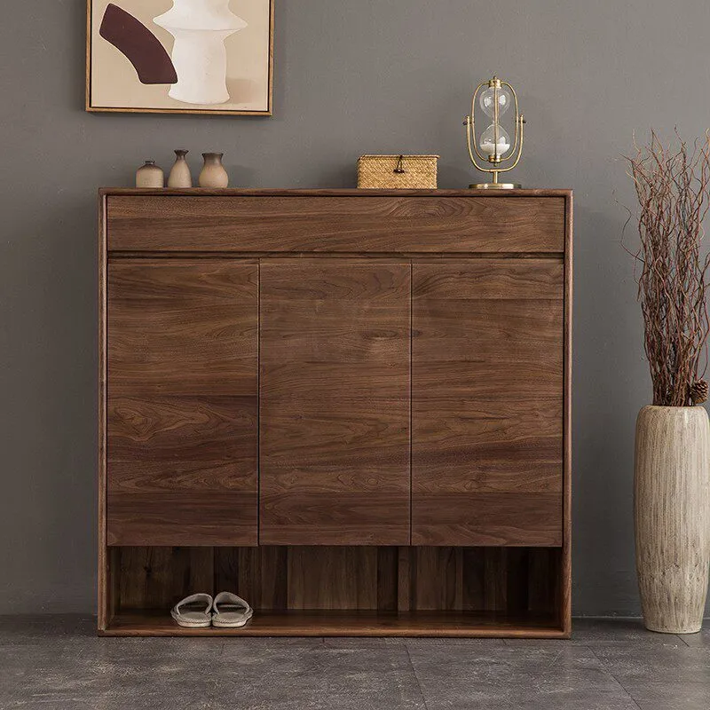 CedarShelf Walnut Shoe Cabinet with Drawer and Open Shelf