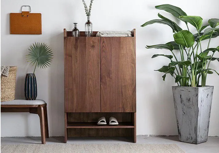 PurePlank Solid Walnut Shoe Cabinet with Open Shelf Storage