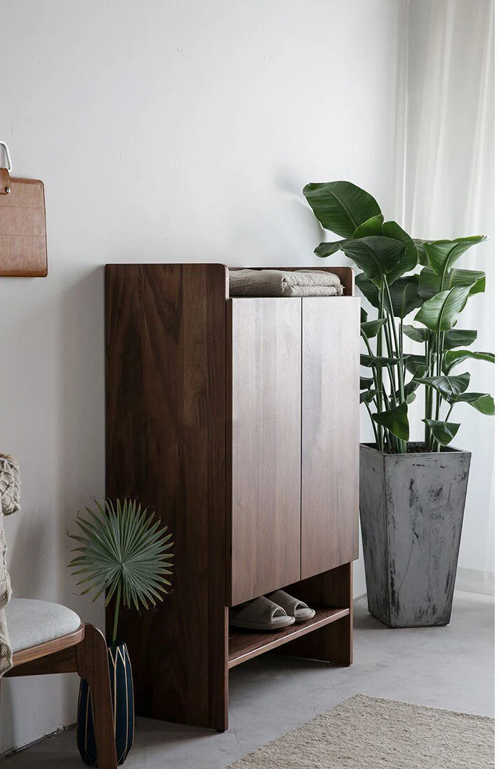 PurePlank Solid Walnut Shoe Cabinet with Open Shelf Storage