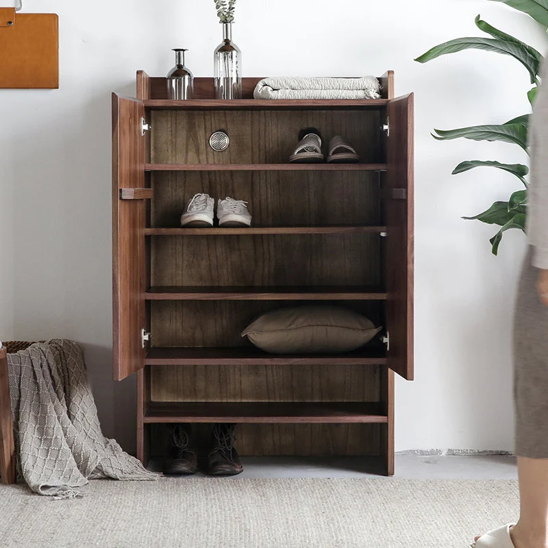 PurePlank Solid Walnut Shoe Cabinet with Open Shelf Storage