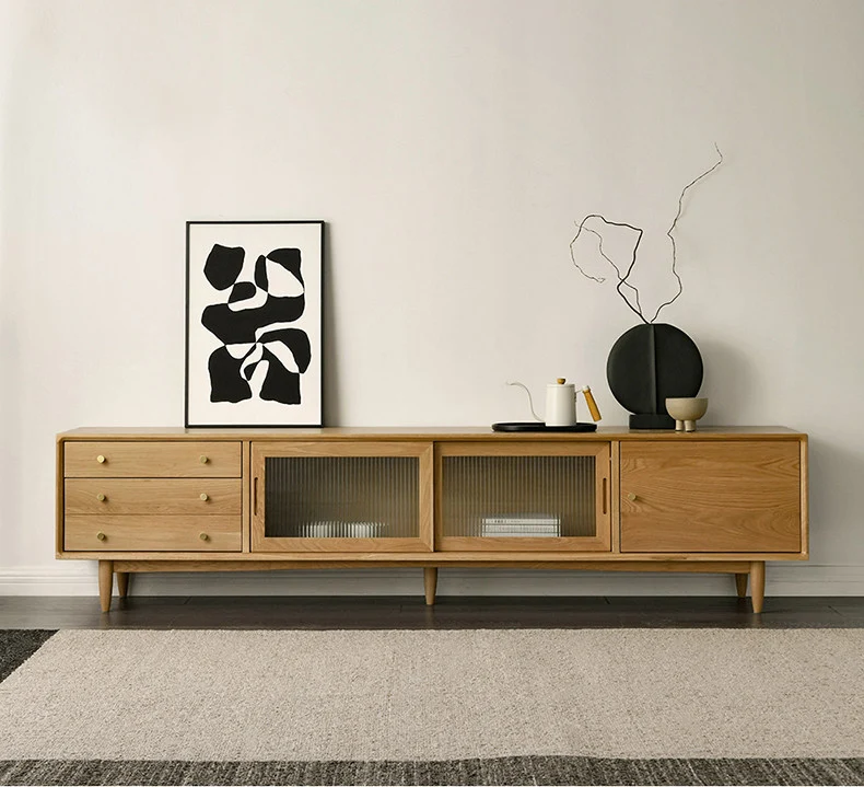LogLuxe Mid-Century White Oak TV Cabinet with Glass Doors