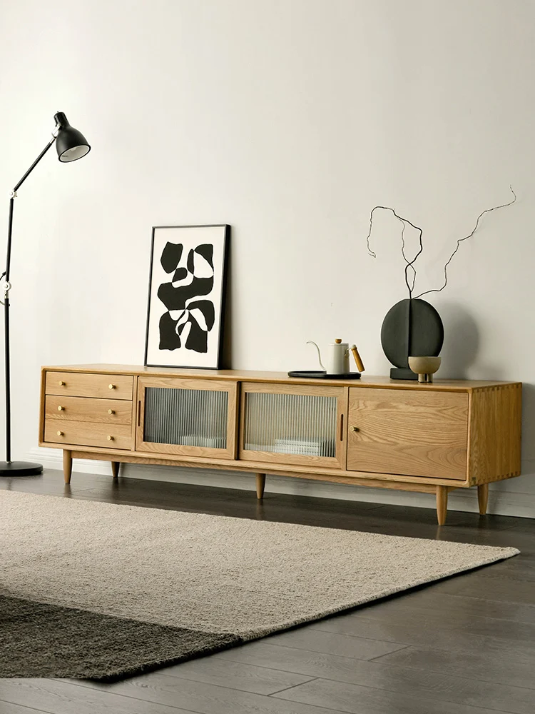 LogLuxe Mid-Century White Oak TV Cabinet with Glass Doors