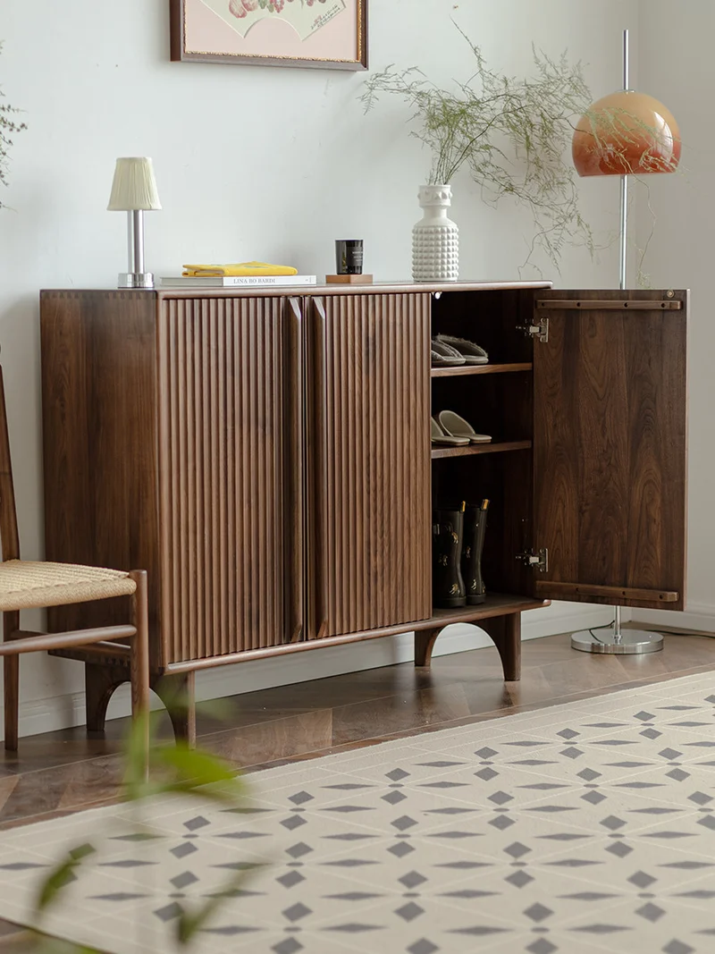 Stow Mid-Century Walnut Fluted Shoe Cabinet with Doors