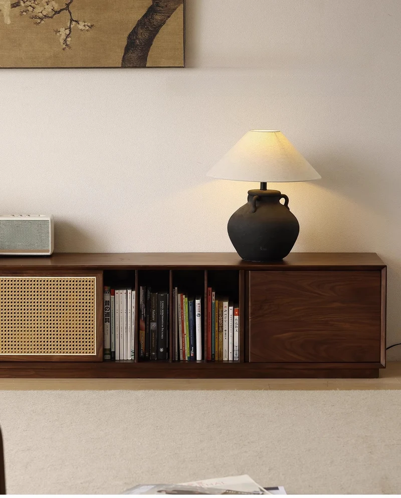 LumberLux Japanese Style Walnut TV Console with Rattan Door