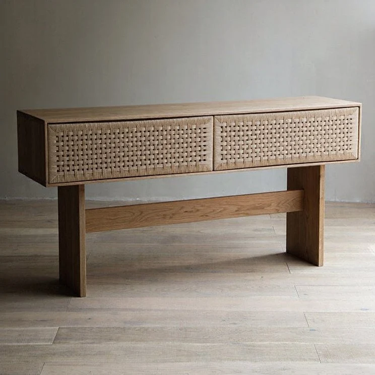 Block Oak Cane Console Table with Woven Drawer Fronts