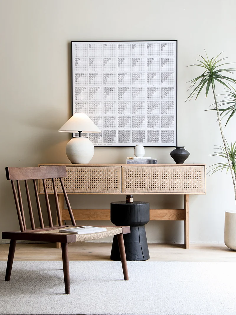 Block Oak Cane Console Table with Woven Drawer Fronts