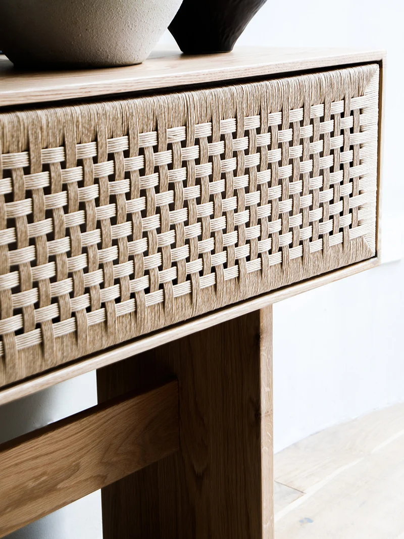 Block Oak Cane Console Table with Woven Drawer Fronts