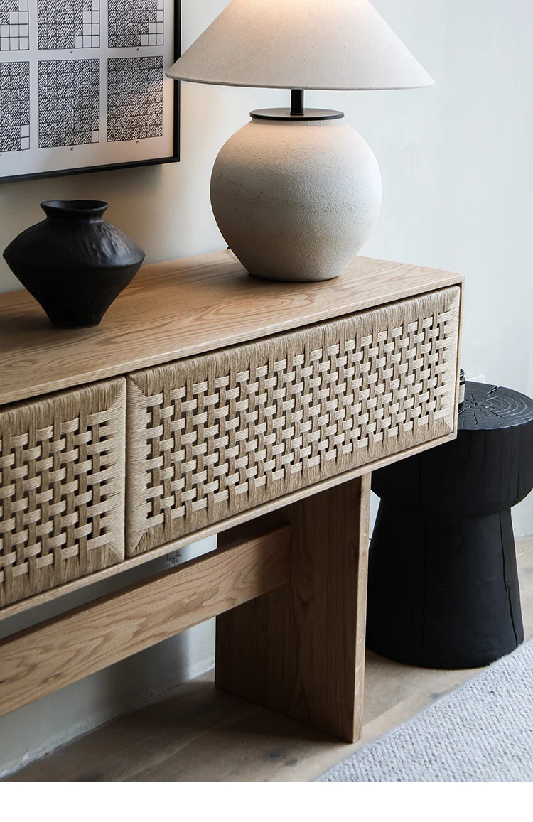 Block Oak Cane Console Table with Woven Drawer Fronts