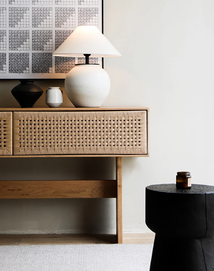 Block Oak Cane Console Table with Woven Drawer Fronts