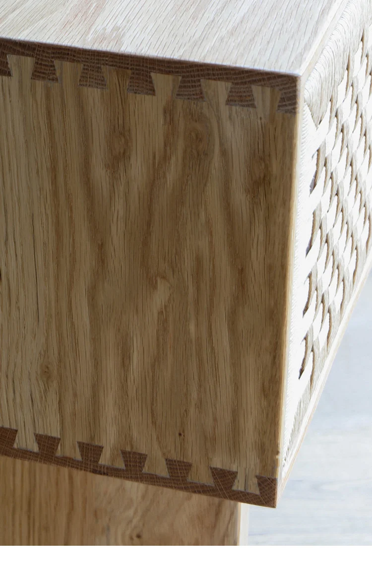 Block Oak Cane Console Table with Woven Drawer Fronts