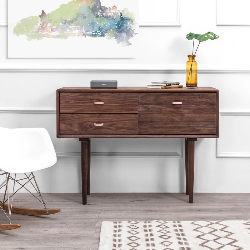 Plank Mid-Century Walnut Console Table with Storage Drawers