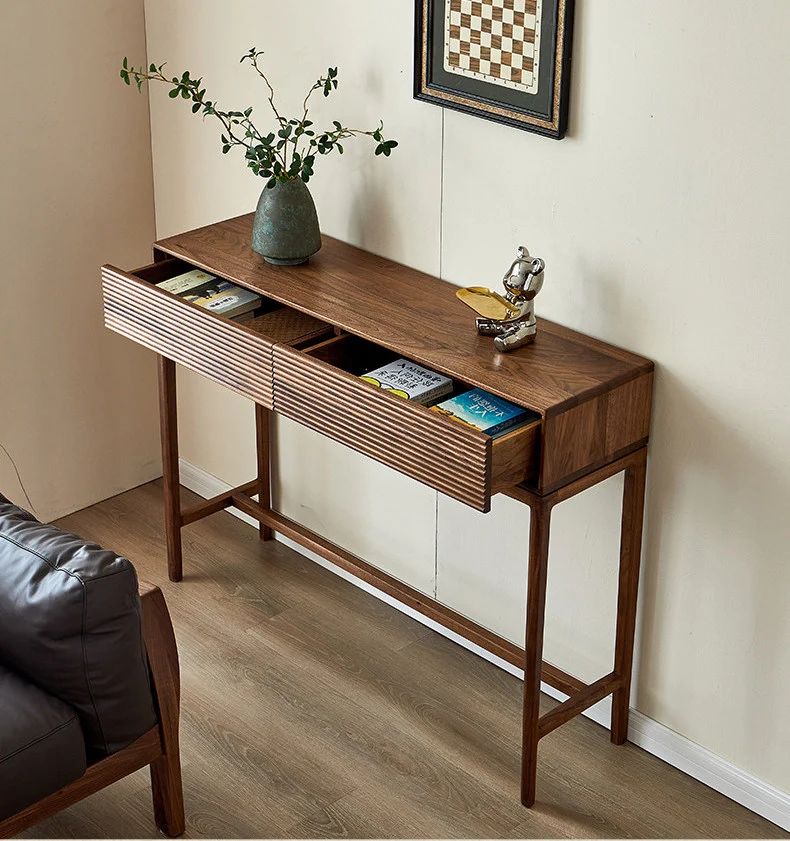 WoodPlank Black Walnut Fluted Console Table with Drawers