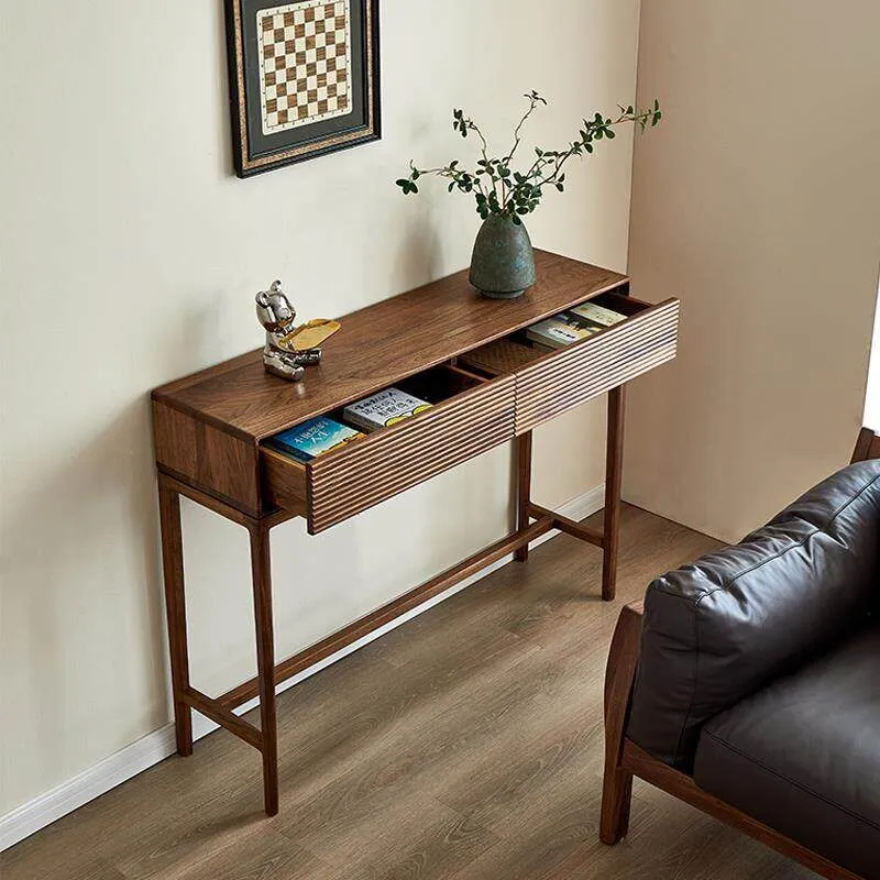 WoodPlank Black Walnut Fluted Console Table with Drawers