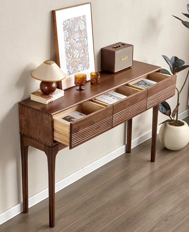 ModernGrain Walnut Console Table with Fluted Drawers