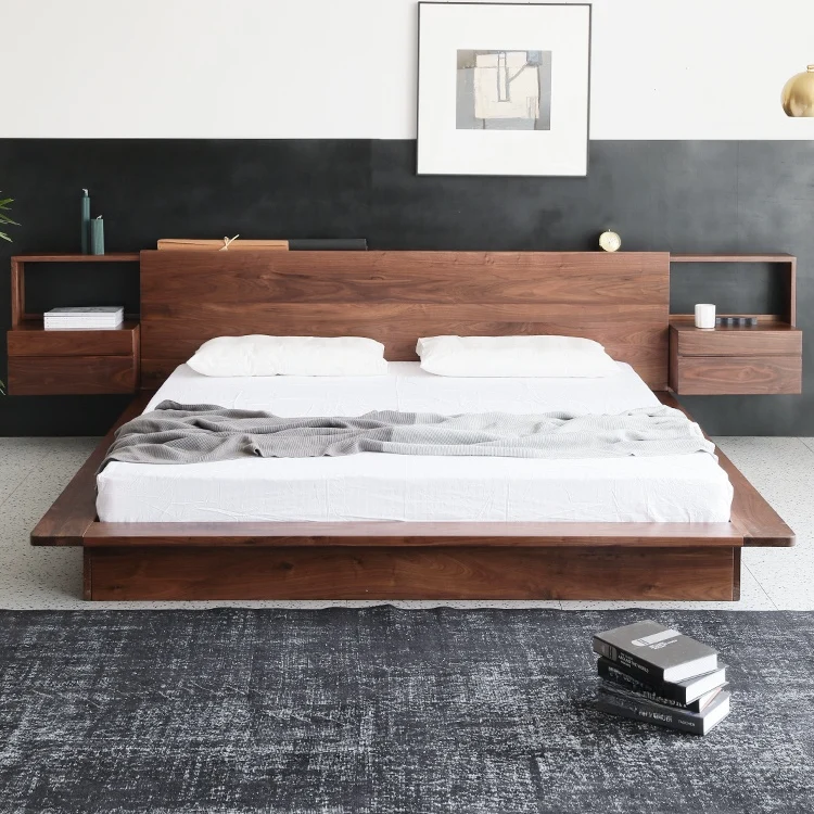 Timber Suite Modern Walnut Wood Floating Platform Bed