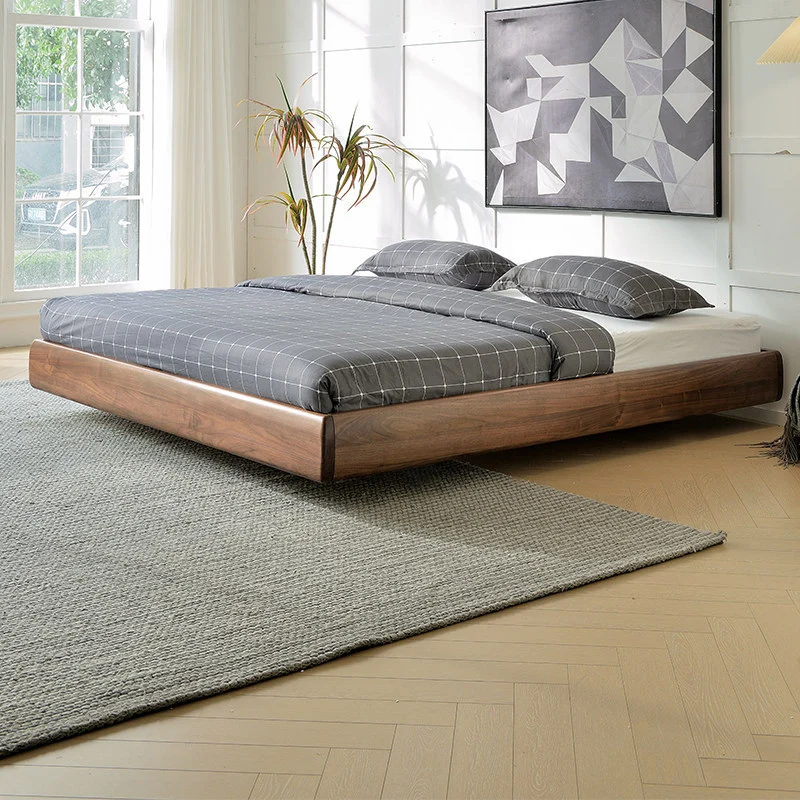 American Rest Floating Solid Black Walnut Platform Bed with Curved Headboard