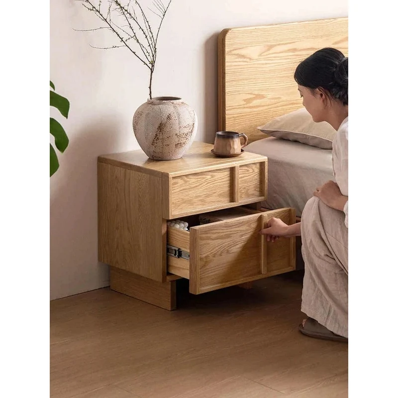 Modern Cross Design White Oak Wood Nightstand