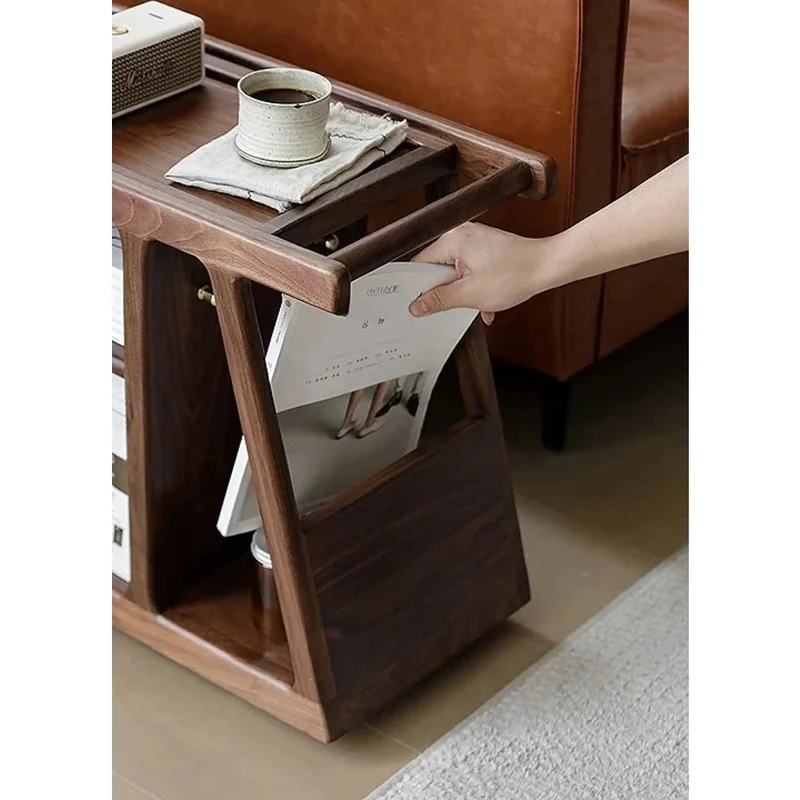 Multi-Functional Walnut Wood Side Table with Roller