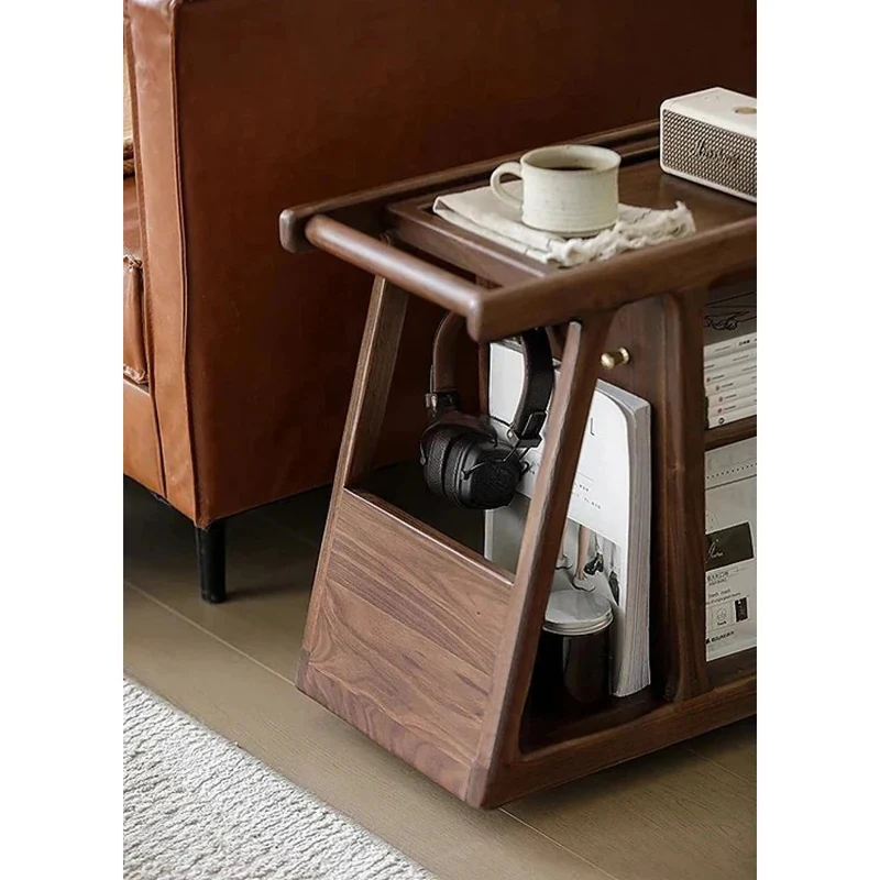 Multi-Functional Walnut Wood Side Table with Roller