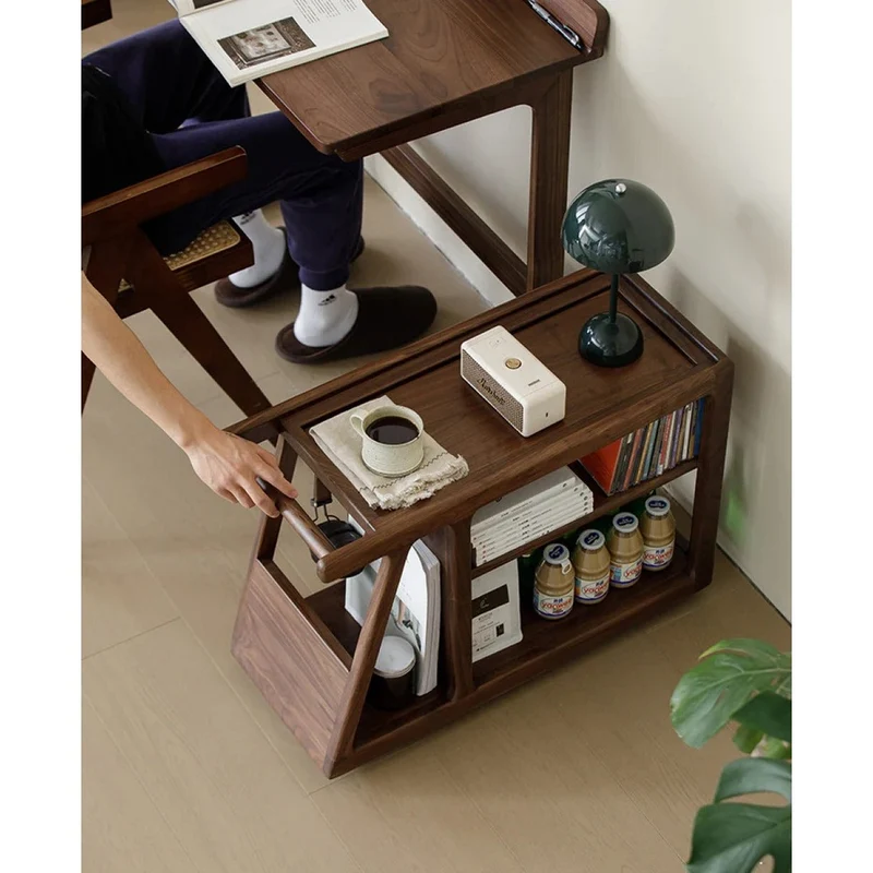 Multi-Functional Walnut Wood Side Table with Roller